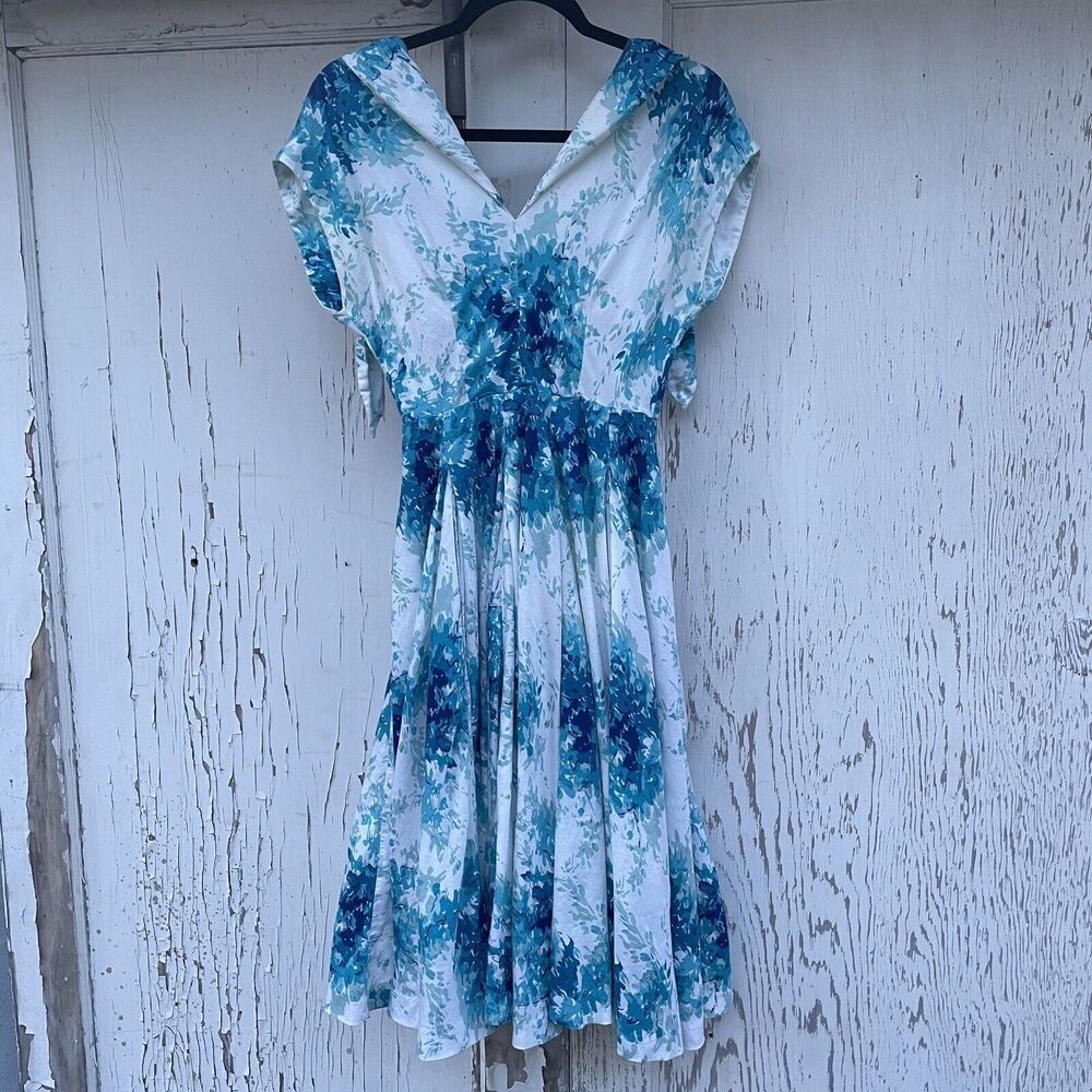 Flared Anabelle Dress Women's 2 Maple White Blue Cotton Vintage Anthropologie - Picture 2 of 16